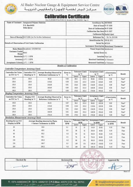Laboratory Calibration Certificate: Rotational Viscometer (IPS-BL-RV1) &ndash; Sheet 1/2