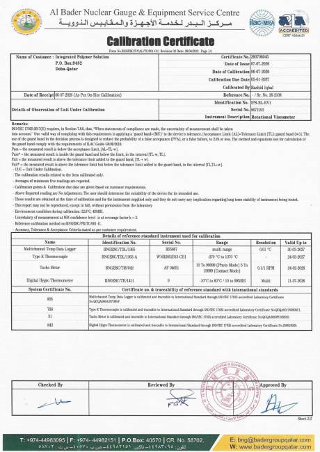 Laboratory Calibration Certificate: Rotational Viscometer (IPS-BL-RV1) &ndash; Sheet 2/2