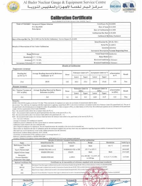 Laboratory Calibration Certificate: Vacuum Degassing Oven (IPS-BL-VDO-1)
