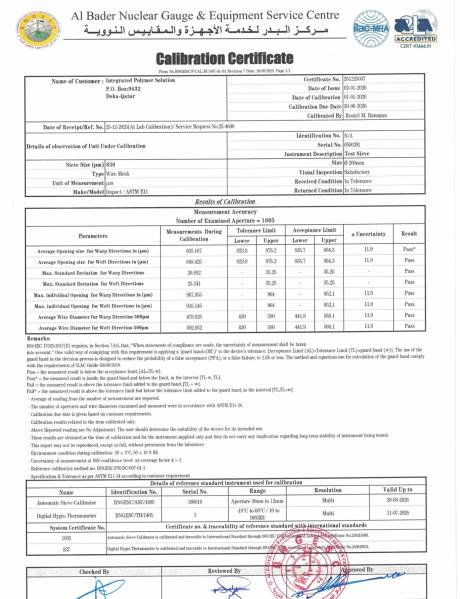 Laboratory Calibration Certificate: Test Sieve 850 &micro;m (ASTM E11)