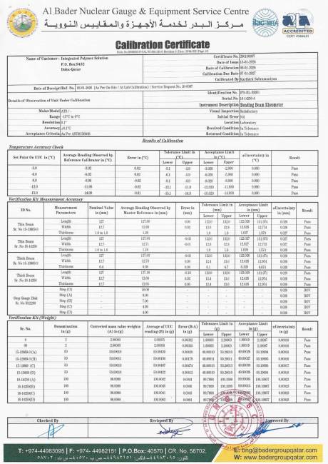 Laboratory Calibration Certificate: Bending Beam Rheometer (IPS-BL-BBR1) &ndash; Page 1/2