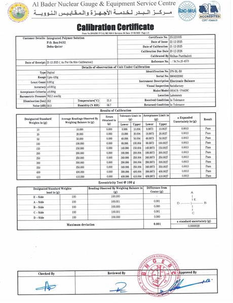 Laboratory Calibration Certificate: Balance OHAUS PA4202C (IPS-BL-B3) &ndash; Page 1/2