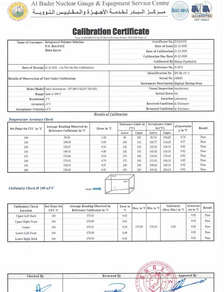 Laboratory Calibration Certificate: Digital Drying Oven (IPS-BL-OV-2) &ndash; Page 1/2