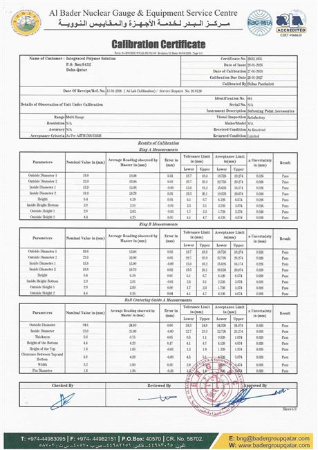 Laboratory Calibration Certificate: Softening Point Accessories (ASTM D36) &ndash; Sheet 1/3