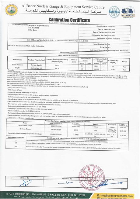 Laboratory Calibration Certificate: Softening Point Accessories (ASTM D36) &ndash; Sheet 3/3