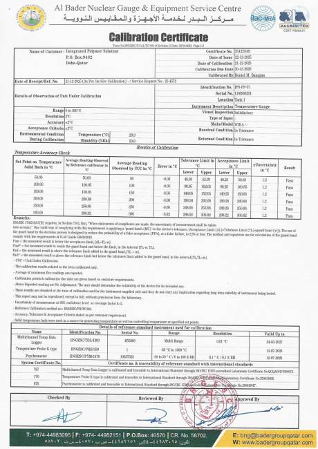 Plant Calibration Certificate: Temperature Gauge &ndash; Tank 1 (IPS-PP-T1)