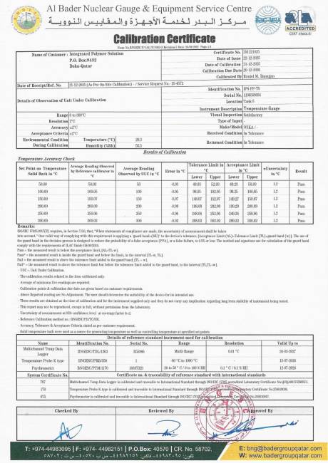 Plant Calibration Certificate: Temperature Gauge &ndash; Tank 5 (IPS-PP-T5)
