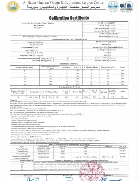 Plant Calibration Certificate: Batching Plant Scale &ndash; BS2 (IPS-PP-BS2)