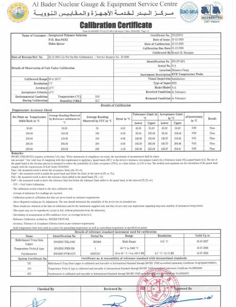 Plant Calibration Certificate: RTD Probe &ndash; Bitumen Pump (IPS-PP-BP1)