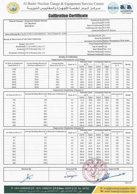 Plant Calibration Certificate: Digital Thermometer Fluke 52 II &ndash; Sheet 1/2