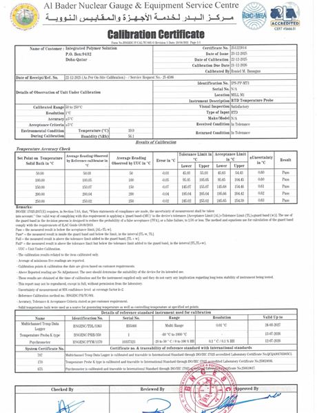 Plant Calibration Certificate: RTD Probe &ndash; Mill M1 (IPS-PP-MT1)