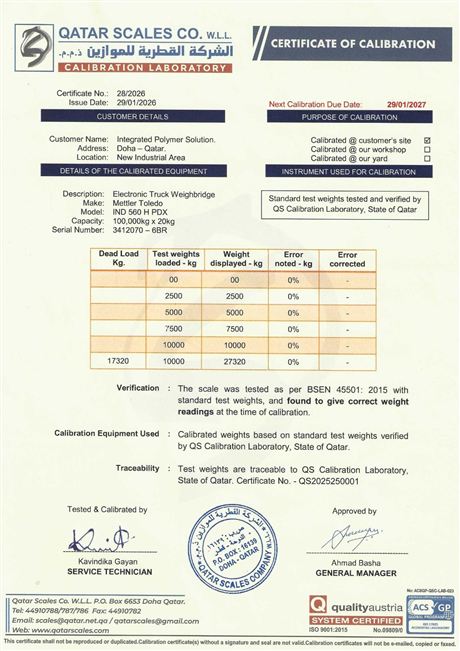 Plant Calibration Certificate: Truck Weighbridge 100 t &ndash; Qatar Scales